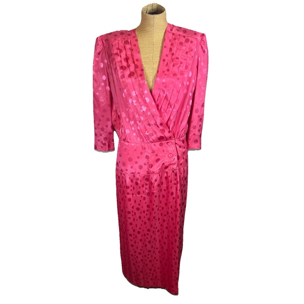 VTG 90s‎ In The Moof Dress Hot Pink Polka Dot Pleated Dress Silky Size 10 Fun